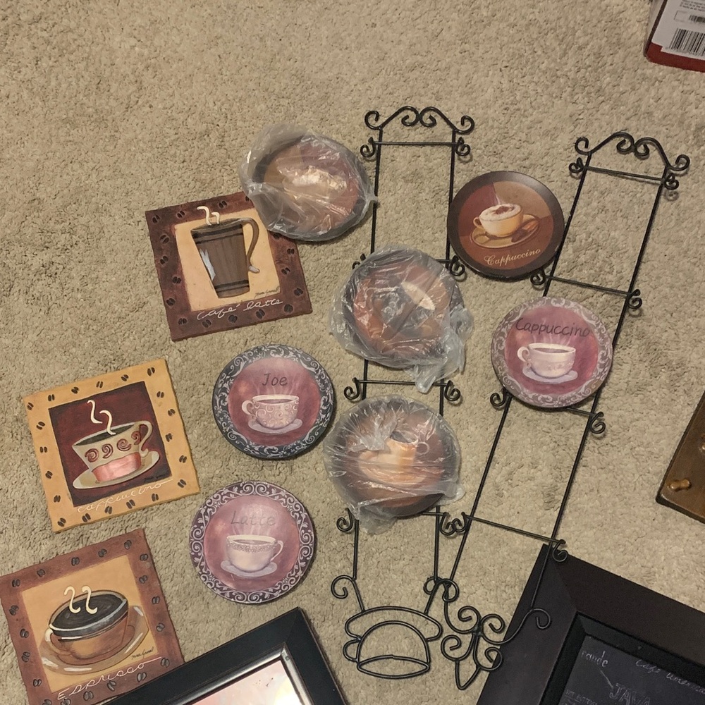 Coffee-Themed Wall Decor Set with Black Metal Racks